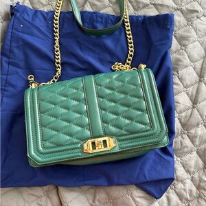 Rebecca Minkoff Green Quilted Shoulder Bag with Gold Chain. Size:9.7x6.5x3inches